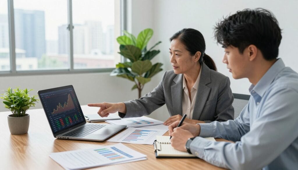 A serene and professional financial office setting, showcasing a diverse group of three individuals discussing investment strategies over a wooden conference table. In the foreground, a middle-aged woman in professional business attire points to a laptop screen displaying stock graphs and dividend information, while a young man takes notes with a focused expression. In the middle, a diverse range of financial documents, such as charts and reports, are spread out beside a potted plant that adds a touch of nature. The background features large windows with soft, natural light flooding the room, displaying a city skyline. The atmosphere is collaborative and encouraging, evoking a sense of empowerment in mastering dividend stock investments for passive income. The angle is slightly elevated to capture the interaction and surrounding elements clearly.
