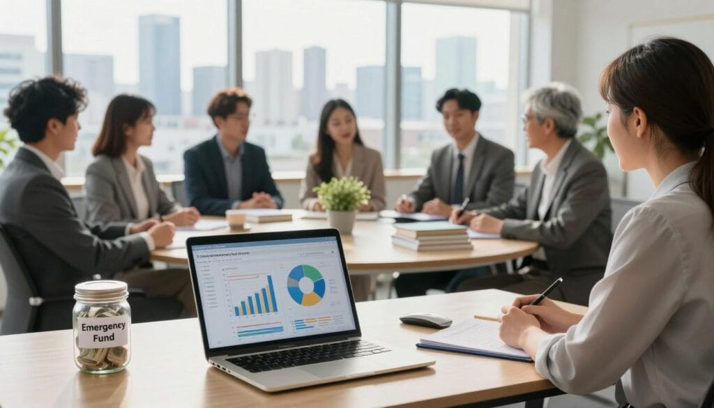 A serene and professional setting depicting a modern workspace designed for financial planning. In the foreground, a neatly organized desk features a laptop displaying graphs and financial data, alongside a clear glass jar labeled ‘Emergency Fund’ filled with money. In the middle, a diverse group of individuals in professional attire are engaged in a discussion around a round table piled with financial books and a small potted plant for a touch of nature. The background shows a large window revealing a bright city skyline, with sunlight streaming in, creating a warm and optimistic atmosphere. The image is captured with a wide-angle lens to emphasize inclusivity and collaboration, conveying the mood of trust and focus on financial security. A serene and professional setting depicting a modern workspace designed for financial planning. In the foreground, a neatly organized desk features a laptop displaying graphs and financial data, alongside a clear glass jar labeled ‘Emergency Fund’ filled with money. In the middle, a diverse group of individuals in professional attire are engaged in a discussion around a round table piled with financial books and a small potted plant for a touch of nature. The background shows a large window revealing a bright city skyline, with sunlight streaming in, creating a warm and optimistic atmosphere. The image is captured with a wide-angle lens to emphasize inclusivity and collaboration, conveying the mood of trust and focus on financial security.