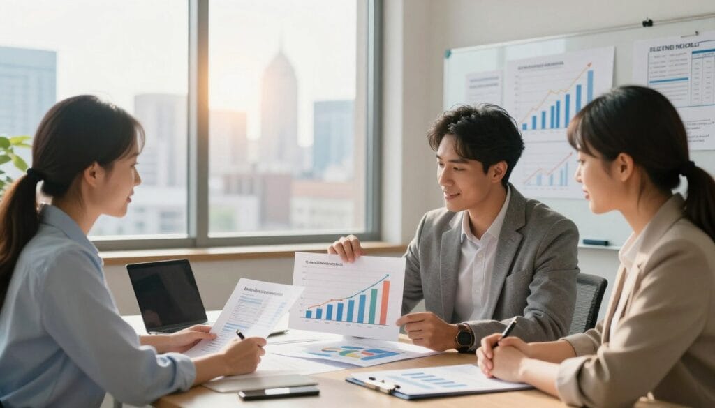 A serene office setting, illustrating the benefits of investing in bonds and fixed income. In the foreground, a diverse group of three business professionals in smart casual attire—two men and one woman—are engaged in a discussion around a table. They are examining graphs and charts that represent growth and stability, showcasing various bond investment options. In the middle, a large window reveals a city skyline, flooded with warm, natural sunlight that creates an inviting atmosphere. In the background, a whiteboard is filled with financial diagrams and notes, emphasizing the strategic planning involved in fixed income investments. The mood is optimistic and focused, with a clear emphasis on professionalism and financial literacy. The camera angle is slightly elevated, capturing both the lively discussion and the informative visuals seamlessly.