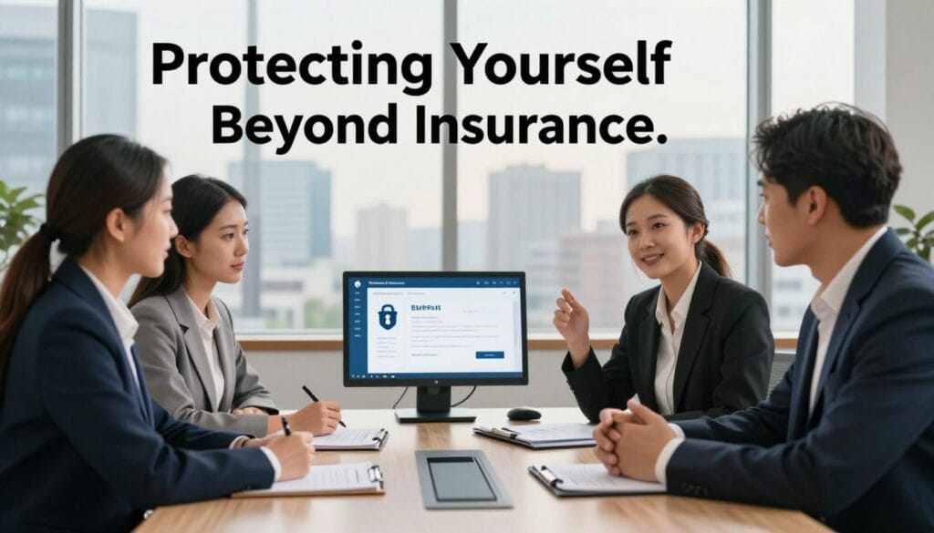 A serene yet empowered scene depicting the concept of “Protecting Yourself Beyond Insurance.” In the foreground, a diverse group of three professionals, dressed in smart business attire, are actively discussing strategies, such as credit freezes and fraud alerts, around a sleek conference table. The middle ground features documents and digital devices displaying security software interfaces, symbolizing modern methods of protection against fraud. The background shows a large window with a cityscape view, reflecting a bright and hopeful future. The lighting is warm and inviting, creating a sense of confidence and security. The overall mood is proactive and informative, emphasizing the importance of taking personal responsibility in safeguarding against fraud. A serene yet empowered scene depicting the concept of “Protecting Yourself Beyond Insurance.” In the foreground, a diverse group of three professionals, dressed in smart business attire, are actively discussing strategies, such as credit freezes and fraud alerts, around a sleek conference table. The middle ground features documents and digital devices displaying security software interfaces, symbolizing modern methods of protection against fraud. The background shows a large window with a cityscape view, reflecting a bright and hopeful future. The lighting is warm and inviting, creating a sense of confidence and security. The overall mood is proactive and informative, emphasizing the importance of taking personal responsibility in safeguarding against fraud.