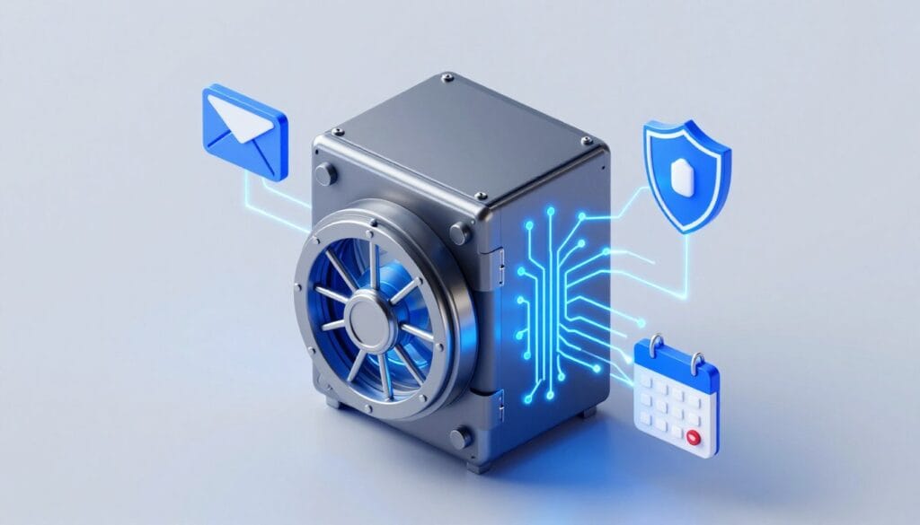 A sleek, 3D isometric visualization of a digital vault in the Swiss Alps, glowing with blue neon circuits, connected by glowing lines to a mail icon, a shield icon, and a calendar icon, representing a unified privacy ecosystem, ultra-realistic, high-tech security aesthetic, 8k resolution. A sleek, 3D isometric visualization of a digital vault in the Swiss Alps, glowing with blue neon circuits, connected by glowing lines to a mail icon, a shield icon, and a calendar icon, representing a unified privacy ecosystem, ultra-realistic, high-tech security aesthetic, 8k resolution.