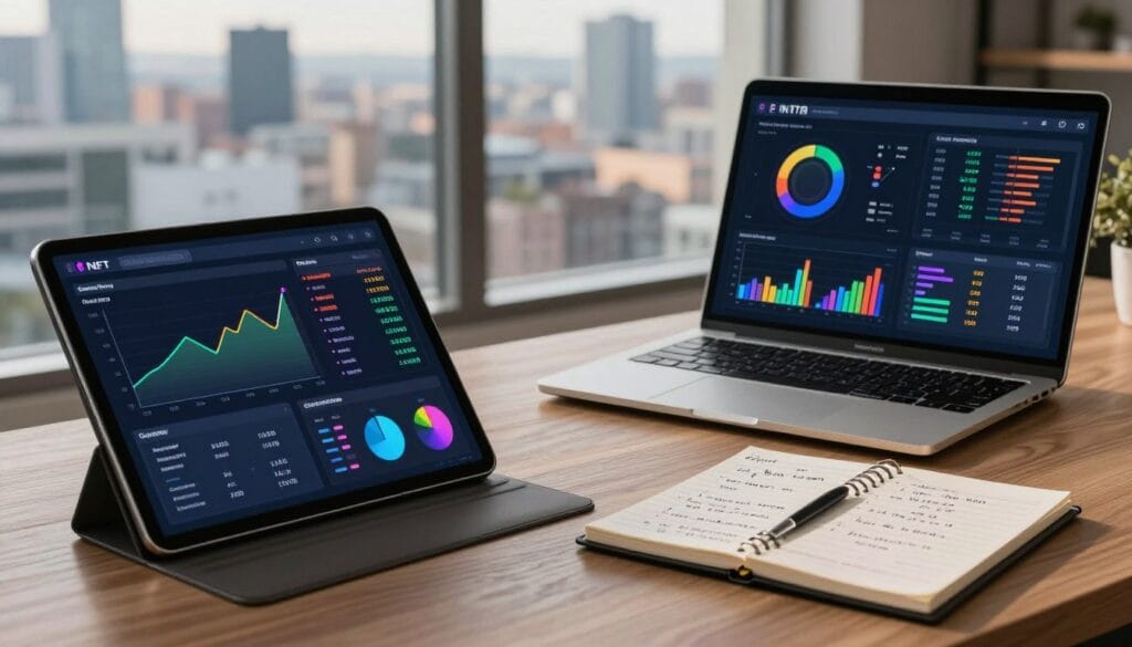 A sleek and modern digital workspace filled with various charts and graphs representing NFT evaluation metrics. In the foreground, a large tablet displays colorful analytics dashboards featuring data like market trends, scarcity, utility, and community engagement, highlighted in vibrant hues. In the middle, a stylish laptop is open next to a notepad with neatly written notes about NFT project assessments. The background features a blurred cityscape through a large window, suggesting a professional environment. Soft, ambient lighting casts a warm glow, enhancing the tech-savvy atmosphere. The scene evokes a sense of innovation and diligence, ideal for evaluating NFT projects before investment.