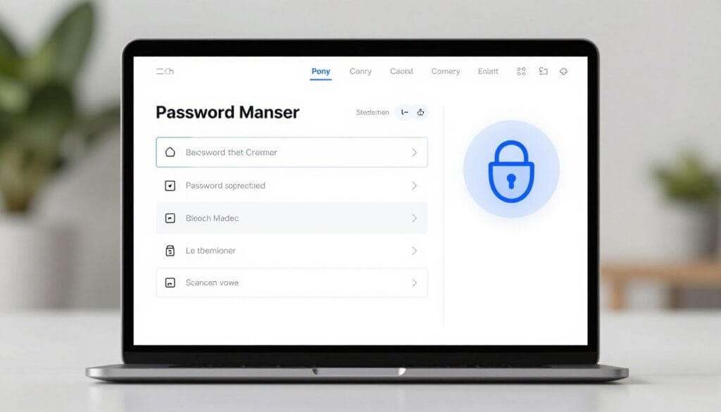 A sleek digital interface of a modern password manager software showing encrypted fields, strong character generation, and a secure vault icon on a clean workspace, 4k resolution.