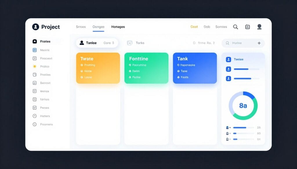 A sleek digital interface of a project management dashboard showing colorful task cards, team progress bars, and a clean minimalist aesthetic, high resolution, 4k. A sleek digital interface of a project management dashboard showing colorful task cards, team progress bars, and a clean minimalist aesthetic, high resolution, 4k.