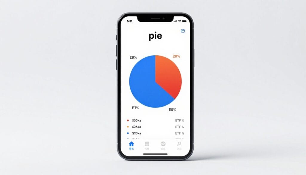 A sleek digital interface showing a colorful "pie" chart of various stocks and ETFs on a mobile smartphone, representing a modern M1 Finance investment account, clean minimalist background, high resolution, soft professional lighting.