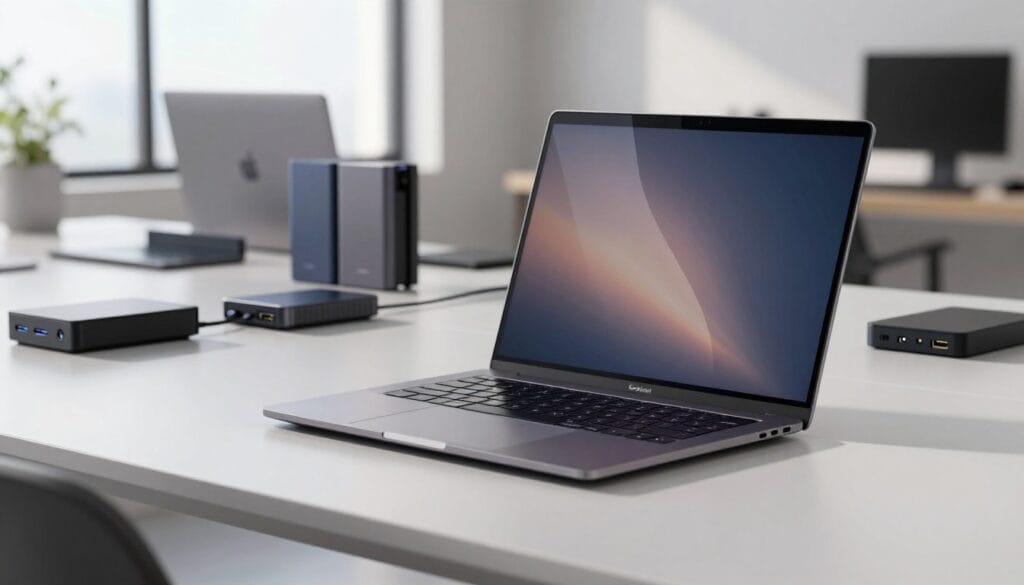 A sleek, futuristic laptop is the focal point in the foreground, showcasing a variety of connectivity ports—USB-C, HDMI, Thunderbolt, and Ethernet—meticulously detailed. The middle layer features an organized workspace with various tech gadgets like external hard drives and docking stations, emphasizing a modern programmer's environment. In the background, a well-lit, minimalistic office setting with large windows allows natural light to flood in, casting soft shadows that create a professional yet inviting atmosphere. The image is captured with a shallow depth of field, highlighting the laptop while softly blurring the background. The overall mood is innovative and tech-forward, reflecting the concept of future-proofing for programming in 2026.