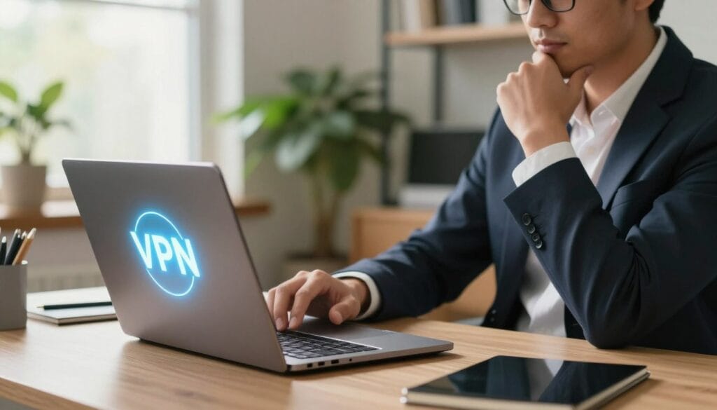 A sleek laptop is open on a modern desk, featuring a glowing VPN logo on the screen, symbolizing online privacy. In the foreground, a professional individual in business attire is sitting confidently, with a thoughtful expression, representing users who value security. The background showcases a cozy, well-lit home office with green plants and soft sunlight filtering through a window, creating a warm atmosphere. Use soft focus on the background to highlight the laptop and subject, emphasizing clarity on the VPN logo. The overall mood is professional yet inviting, reflecting a sense of security and empowerment through technology. A sleek laptop is open on a modern desk, featuring a glowing VPN logo on the screen, symbolizing online privacy. In the foreground, a professional individual in business attire is sitting confidently, with a thoughtful expression, representing users who value security. The background showcases a cozy, well-lit home office with green plants and soft sunlight filtering through a window, creating a warm atmosphere. Use soft focus on the background to highlight the laptop and subject, emphasizing clarity on the VPN logo. The overall mood is professional yet inviting, reflecting a sense of security and empowerment through technology.