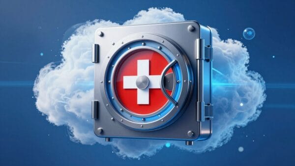 A sleek, modern digital vault floating inside a glowing blue cloud, representing secure lifetime data storage with a Swiss flag emblem to symbolize privacy and high-tech encryption.