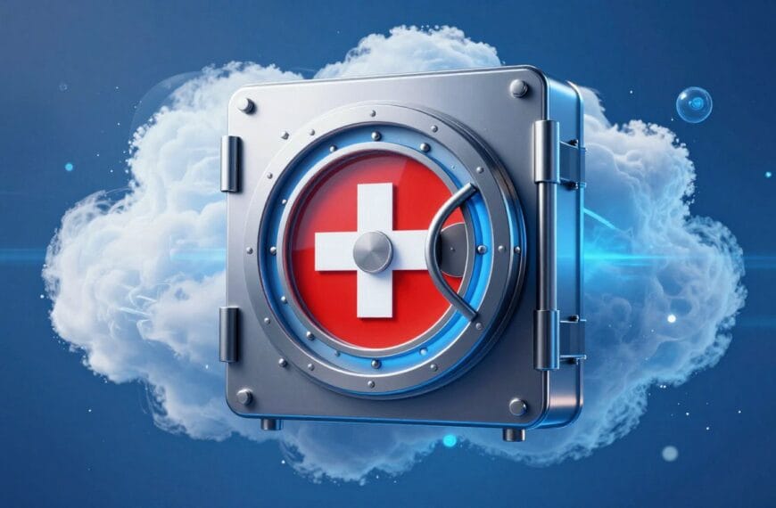 A sleek, modern digital vault floating inside a glowing blue cloud, representing secure lifetime data storage with a Swiss flag emblem to symbolize privacy and high-tech encryption.