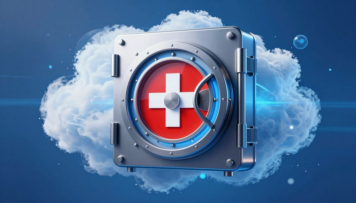 A sleek, modern digital vault floating inside a glowing blue cloud, representing secure lifetime data storage with a Swiss flag emblem to symbolize privacy and high-tech encryption.