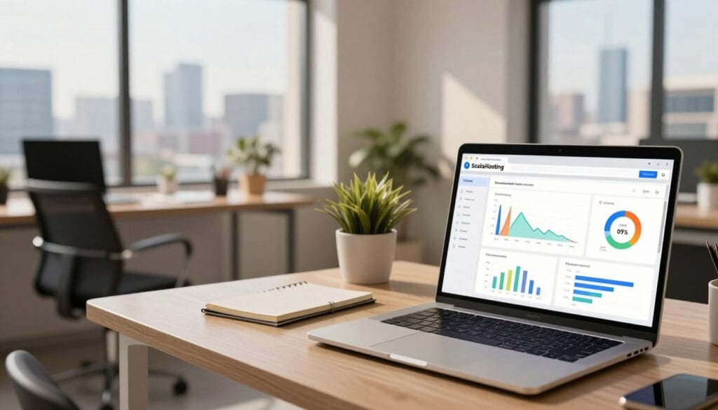A sleek, modern digital workspace showcasing the advanced VPS performance features of ScalaHosting for bloggers. In the foreground, a stylish laptop displays a high-performance dashboard filled with colorful graphs and metrics, indicating fast loading times and reliable uptime. In the middle, a cozy, well-lit office environment featuring a comfortable chair, a notepad, and a plant that adds a touch of tranquility. The background includes a large window with a view of a city skyline, suggesting connectivity and innovation. The lighting is warm yet bright, creating an energetic and optimistic atmosphere. Use a wide-angle lens perspective to capture the essence of efficiency and productivity, ideal for bloggers seeking robust hosting solutions. A sleek, modern digital workspace showcasing the advanced VPS performance features of ScalaHosting for bloggers. In the foreground, a stylish laptop displays a high-performance dashboard filled with colorful graphs and metrics, indicating fast loading times and reliable uptime. In the middle, a cozy, well-lit office environment featuring a comfortable chair, a notepad, and a plant that adds a touch of tranquility. The background includes a large window with a view of a city skyline, suggesting connectivity and innovation. The lighting is warm yet bright, creating an energetic and optimistic atmosphere. Use a wide-angle lens perspective to capture the essence of efficiency and productivity, ideal for bloggers seeking robust hosting solutions.