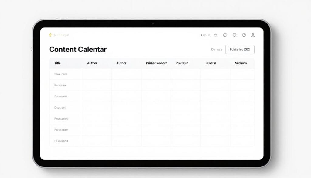 A sleek, organized digital content calendar template displayed on a tablet screen, showing various columns for title, author, primary keyword, and publishing date, with a professional minimalist aesthetic. A sleek, organized digital content calendar template displayed on a tablet screen, showing various columns for title, author, primary keyword, and publishing date, with a professional minimalist aesthetic.