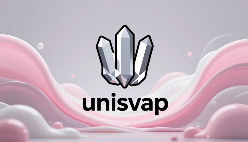 A sleek, professional visualization of the Uniswap logo as a crystal structure, surrounded by flowing streams of pink and white digital liquid, representing constant liquidity movement, minimalist tech aesthetic.