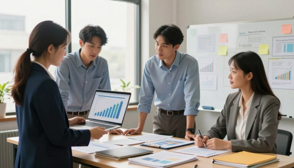 A small business office scene with a focus on a diverse group of professionals discussing budgeting and marketing strategies. In the foreground, a woman in a smart business outfit, holding a laptop, engages with two colleagues—a man in a button-up shirt and a woman in a blazer—showing a chart filled with graphs. The middle features a large table cluttered with marketing materials, folders, and a whiteboard filled with brainstorming ideas. In the background, large windows let in warm, natural light, creating an inviting atmosphere. The overall mood should convey a sense of collaboration and focus, emphasizing the importance of avoiding common budgeting and marketing mistakes. The lens should capture the scene with a slight depth of field, keeping the group in sharp focus while gently blurring the background. A small business office scene with a focus on a diverse group of professionals discussing budgeting and marketing strategies. In the foreground, a woman in a smart business outfit, holding a laptop, engages with two colleagues—a man in a button-up shirt and a woman in a blazer—showing a chart filled with graphs. The middle features a large table cluttered with marketing materials, folders, and a whiteboard filled with brainstorming ideas. In the background, large windows let in warm, natural light, creating an inviting atmosphere. The overall mood should convey a sense of collaboration and focus, emphasizing the importance of avoiding common budgeting and marketing mistakes. The lens should capture the scene with a slight depth of field, keeping the group in sharp focus while gently blurring the background.