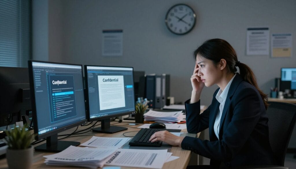 A small business office setting in disarray, highlighting the aftermath of a data breach. In the foreground, a stressed small business owner, dressed in professional attire, looking at a computer screen displaying ominous warning signs of a cyber attack. In the middle ground, scattered papers and documents labeled "Confidential" and "Customer Data" create a sense of chaos. In the background, a clock on the wall shows the time indicating late hours, emphasizing urgency. Soft, moody lighting casts shadows across the room, enhancing the feeling of distress. The overall atmosphere is tense and concerned, embodying the serious impact of data breaches on small businesses. Use a wide-angle lens perspective to capture the entire scene while focusing on the business owner’s expression.