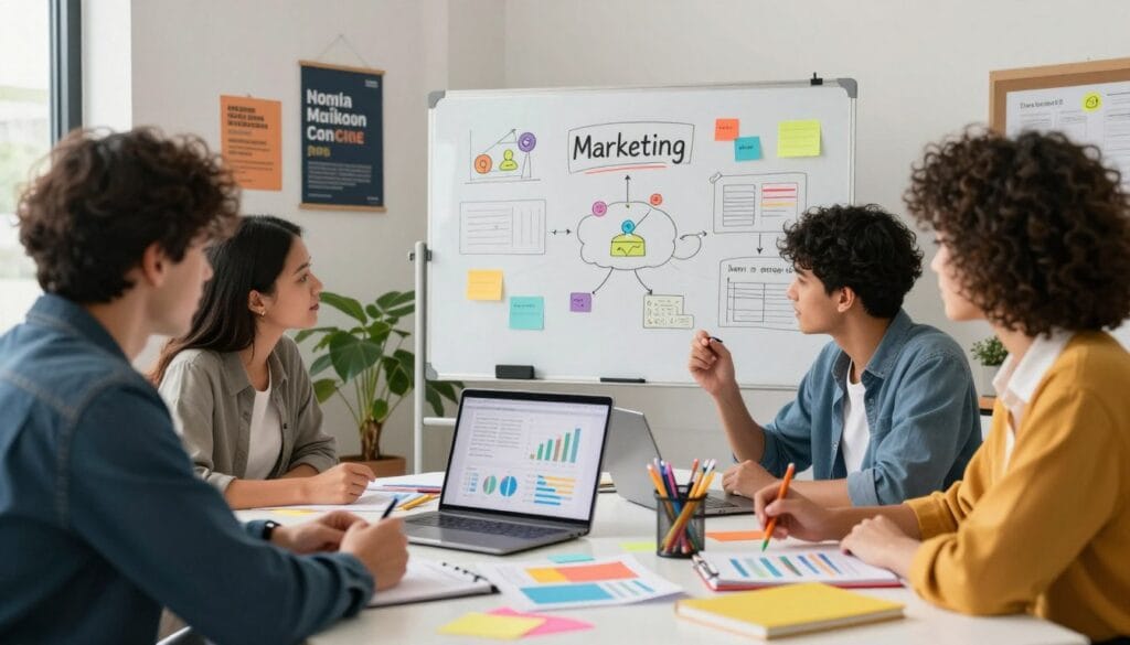A small business setting filled with vibrant, low-cost marketing tools. In the foreground, a diverse group of three professionals—one man and two women—are brainstorming around a table cluttered with colorful stationery, charts, and a laptop displaying marketing analytics. The middle features a whiteboard filled with creative ideas and diagrams about social media strategies and budget allocation. The background shows an office environment with motivational posters on the walls and a plant for a touch of greenery. Soft, natural lighting filters through a window, creating an inviting and productive atmosphere. The image captures a sense of collaboration, innovation, and the resourcefulness of using free tools for effective marketing. A small business setting filled with vibrant, low-cost marketing tools. In the foreground, a diverse group of three professionals—one man and two women—are brainstorming around a table cluttered with colorful stationery, charts, and a laptop displaying marketing analytics. The middle features a whiteboard filled with creative ideas and diagrams about social media strategies and budget allocation. The background shows an office environment with motivational posters on the walls and a plant for a touch of greenery. Soft, natural lighting filters through a window, creating an inviting and productive atmosphere. The image captures a sense of collaboration, innovation, and the resourcefulness of using free tools for effective marketing.