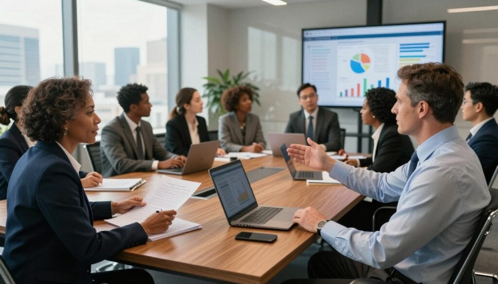 A sophisticated and modern office environment featuring a diverse group of C-suite executives engaged in a tailored estate planning session. In the foreground, a middle-aged Black woman dressed in a sharp business suit is reviewing paperwork with a focused expression, while a Caucasian man in a neatly pressed shirt gestures towards a digital screen displaying graphs and charts. In the middle ground, a large wooden conference table is surrounded by professional attire-clad individuals of various ethnicities, deep in discussion, with laptops open and legal documents scattered. The background shows floor-to-ceiling windows that let in warm, natural light, reflecting a city skyline. The mood is serious yet collaborative, conveying professionalism and urgency, captured with a dynamic angle that emphasizes the engaging atmosphere of strategic planning.