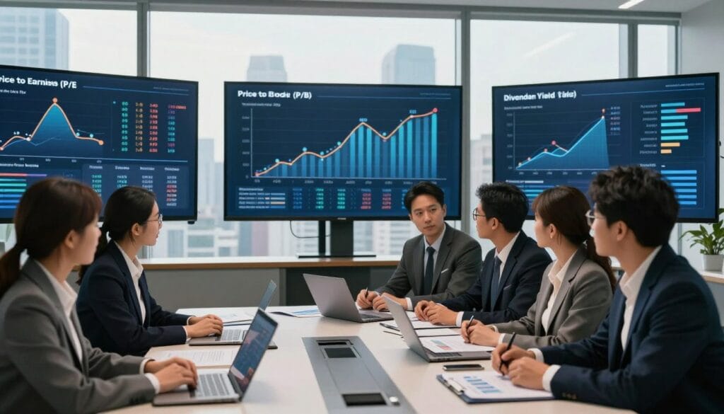 A sophisticated financial workspace featuring various key valuation ratios such as Price to Earnings (P/E), Price to Book (P/B), and Dividend Yield displayed on sleek digital screens. In the foreground, a diverse group of professionals in business attire analyze the data, expressing concentration and engagement. The middle layer showcases a modern conference table with financial reports, charts, and a laptop open, emphasizing a dynamic business environment. In the background, a large window reveals a city skyline, bathed in natural light, suggesting a bustling economic landscape. The mood is focused and analytical, with subtle contrasts and a polished professional atmosphere. The lighting is bright yet warm, illuminating the workspace to create an inviting and productive setting without any text or distractions. A sophisticated financial workspace featuring various key valuation ratios such as Price to Earnings (P/E), Price to Book (P/B), and Dividend Yield displayed on sleek digital screens. In the foreground, a diverse group of professionals in business attire analyze the data, expressing concentration and engagement. The middle layer showcases a modern conference table with financial reports, charts, and a laptop open, emphasizing a dynamic business environment. In the background, a large window reveals a city skyline, bathed in natural light, suggesting a bustling economic landscape. The mood is focused and analytical, with subtle contrasts and a polished professional atmosphere. The lighting is bright yet warm, illuminating the workspace to create an inviting and productive setting without any text or distractions.