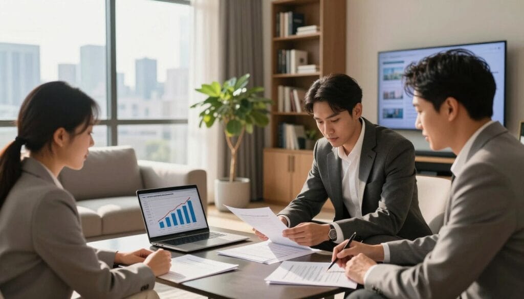 A sophisticated modern living room with a large window overlooking a city skyline, filled with sunlight illuminating the space. In the foreground, a diverse group of three professionals dressed in business attire, reviewing real estate investment documents on a sleek coffee table. In the middle ground, a small indoor plant and a laptop showing a graph of rising passive income charts. In the background, a bookshelf filled with real estate books and a wall-mounted TV displaying property listings. The mood is inspiring and focused, capturing the essence of strategic planning and the journey of passive income through real estate investing. The lighting is warm and inviting, creating an atmosphere of professionalism and opportunity.