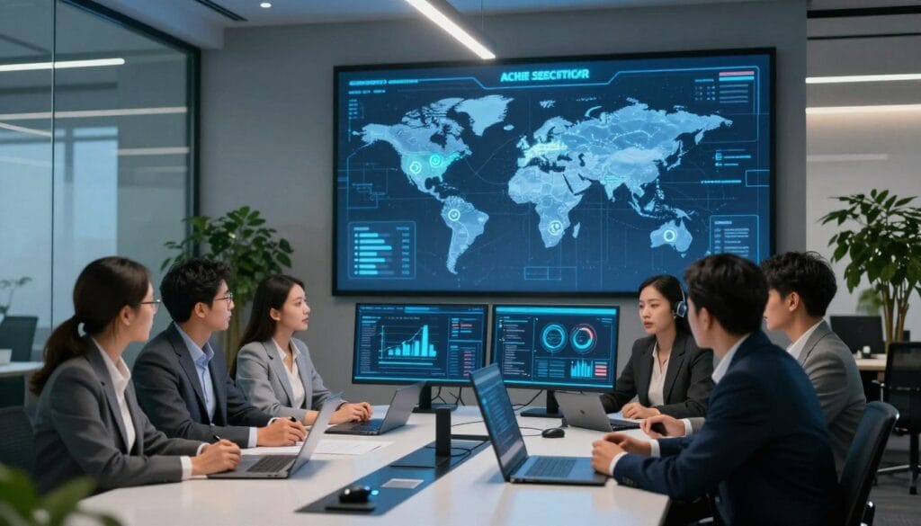 A sophisticated office environment showcasing advanced security strategies for crypto wallets tailored for enterprises and institutional investors. In the foreground, a diverse team of professionals in formal business attire are gathered around a modern, sleek conference table, engaged in focused discussion while analyzing digital security data presented on high-tech monitors. In the middle, a large wall displays a digital map of crypto transactions secured by complex algorithms and encryption techniques. The background features a contemporary office with glass walls, soft ambient lighting, and green plants that convey a sense of tranquility and professionalism. The mood is one of urgency but also confidence, highlighting the critical importance of security in the world of cryptocurrency. A sophisticated office environment showcasing advanced security strategies for crypto wallets tailored for enterprises and institutional investors. In the foreground, a diverse team of professionals in formal business attire are gathered around a modern, sleek conference table, engaged in focused discussion while analyzing digital security data presented on high-tech monitors. In the middle, a large wall displays a digital map of crypto transactions secured by complex algorithms and encryption techniques. The background features a contemporary office with glass walls, soft ambient lighting, and green plants that convey a sense of tranquility and professionalism. The mood is one of urgency but also confidence, highlighting the critical importance of security in the world of cryptocurrency.