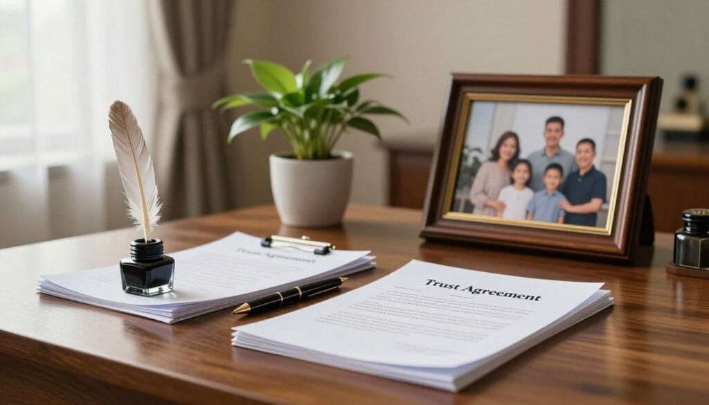 A sophisticated office environment that represents "Trusts and Asset Protection Strategies" for estate planning. In the foreground, a polished wooden desk holds a stack of legal documents labeled "Trust Agreement" alongside a quill pen and a glass inkwell. The middle ground features a potted plant and a framed family photo in a stylish wooden frame, symbolizing family legacy. In the background, large windows with sheer curtains allow soft, natural light to illuminate the room, creating a warm and inviting atmosphere. The overall mood conveys professionalism and security, emphasizing protection and planning for the future. The scene should reflect a harmonious blend of elegance and practicality, with no text or people present.