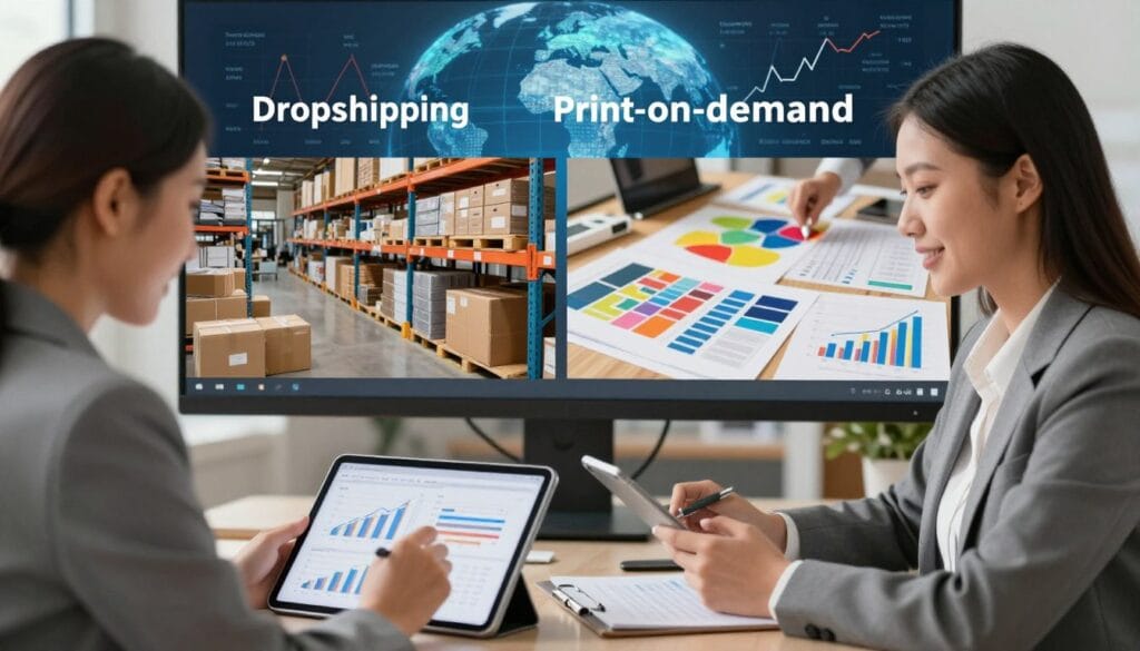 A split-scene image illustrating the risk levels and challenges of two ecommerce models: dropshipping and print-on-demand. In the foreground, depict a confident business person in professional attire analyzing graphs and charts on a digital tablet, symbolizing data-driven decision-making. The middle layer shows contrasting visuals; on one side, a chaotic warehouse with unorganized products and delivery delays representing dropshipping risks, and on the other, a creative workspace with colorful prints and design samples indicating the challenges of print-on-demand. The background includes a digital globe to represent global commerce and a timeline showcasing fluctuating trends. Use soft, natural lighting to create a balanced and informative atmosphere, with a focus on clarity and professionalism.