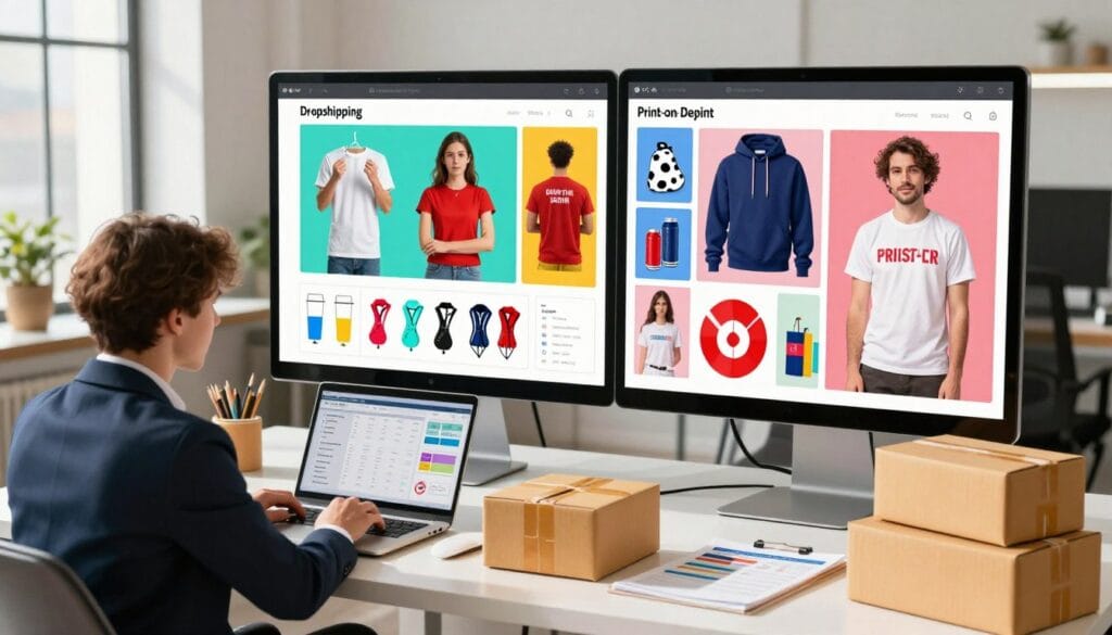 A split-screen composition showcasing a dropshipping business model on one side and a print-on-demand business model on the other. In the foreground, a professional individual in business attire sits at a desk analyzing data on a laptop, surrounded by product samples and shipping materials for dropshipping. The middle section highlights vibrant, custom-printed products like apparel and accessories displayed on a digital tablet, symbolizing print-on-demand. The background features a modern office space with natural light streaming through large windows, casting soft shadows. The mood is dynamic and informative, conveying a sense of entrepreneurship and innovation. The overall color palette is bright and engaging, emphasizing the contrast between the two business models.