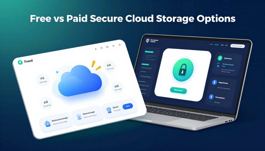 A split-screen illustration depicting "Free vs Paid Secure Cloud Storage Options." In the foreground, on the left side, a visually appealing representation of free cloud storage, featuring a user-friendly interface with a digital cloud icon surrounded by vibrant colors and features like limited storage, basic encryption, and user-friendly graphics. On the right side, the paid cloud storage option, showcasing a sleek, professional interface with a premium look, highlighting enhanced security features like advanced encryption, larger storage capacity, and business-oriented graphics. The background features a subtle tech-inspired pattern that blends both sides, with soft blue and green lighting to create a modern and secure atmosphere. The angle is slightly tilted for dynamic effect, capturing the contrast between the free and paid options. A split-screen illustration depicting "Free vs Paid Secure Cloud Storage Options." In the foreground, on the left side, a visually appealing representation of free cloud storage, featuring a user-friendly interface with a digital cloud icon surrounded by vibrant colors and features like limited storage, basic encryption, and user-friendly graphics. On the right side, the paid cloud storage option, showcasing a sleek, professional interface with a premium look, highlighting enhanced security features like advanced encryption, larger storage capacity, and business-oriented graphics. The background features a subtle tech-inspired pattern that blends both sides, with soft blue and green lighting to create a modern and secure atmosphere. The angle is slightly tilted for dynamic effect, capturing the contrast between the free and paid options.