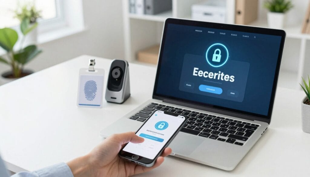 A top-down view of a modern workspace, featuring a sleek laptop with a multi-factor authentication interface displayed on the screen. In the foreground, a hand is entering a verification code on a mobile device, symbolizing secure access. The middle ground includes a digital security badge and a fingerprint scanner, emphasizing security. The background consists of a soft-focus office setting with plants and well-organized shelves, creating a professional atmosphere. Bright, natural lighting illuminates the scene, highlighting the importance of cybersecurity. The composition captures a sense of security and professionalism, with a clean, modern aesthetic and a focus on technology and personal data protection.