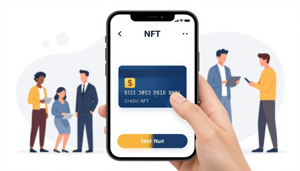 A user-friendly mobile app interface showing an NFT purchase being made with a credit card and USD currency symbols, bright and accessible UI design, flat vector style.