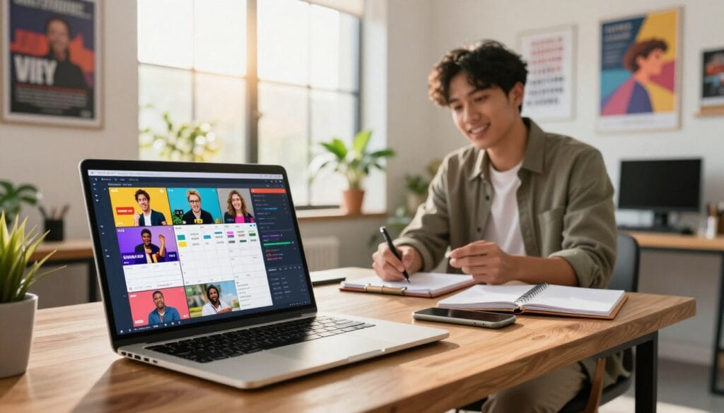 A vibrant and dynamic workspace showcasing a video marketing strategy for e-commerce growth. In the foreground, a large wooden desk with a laptop displaying a colorful video content calendar, surrounded by motion graphics elements representing various video formats like tutorials, product showcases, and customer testimonials. In the middle, an engaged professional in modern business attire, working intently with a notepad, jotting down ideas. In the background, a large window with natural light streaming in, casting a warm glow on the walls decorated with inspirational marketing posters. The atmosphere is energetic and creative, filled with plants for a fresh touch, and subtle details of video production tools scattered around. The image captures the essence of building an effective video content calendar. A vibrant and dynamic workspace showcasing a video marketing strategy for e-commerce growth. In the foreground, a large wooden desk with a laptop displaying a colorful video content calendar, surrounded by motion graphics elements representing various video formats like tutorials, product showcases, and customer testimonials. In the middle, an engaged professional in modern business attire, working intently with a notepad, jotting down ideas. In the background, a large window with natural light streaming in, casting a warm glow on the walls decorated with inspirational marketing posters. The atmosphere is energetic and creative, filled with plants for a fresh touch, and subtle details of video production tools scattered around. The image captures the essence of building an effective video content calendar.