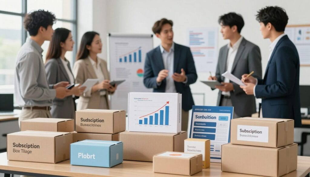A vibrant and professional setting showcasing various pricing strategies for subscription box businesses. In the foreground, there are visually appealing subscription boxes with diverse themes, like gourmet food, beauty products, and hobby supplies. In the middle ground, a group of business professionals in business attire, engaged in a lively discussion, surrounded by charts and graphs displaying pricing models and customer feedback. The background features a modern office environment with a large window, allowing natural light to pour in, enhancing the atmosphere of collaboration and innovation. Use a shallow depth of field to keep the focus on the professionals and the boxes, while softening the background. The mood should be dynamic yet professional, conveying strategy, growth, and creativity in the subscription box industry.