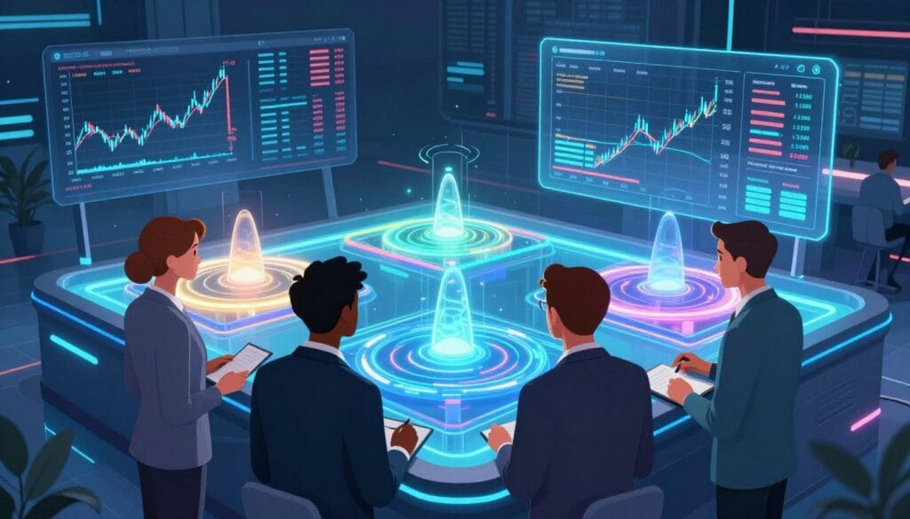 A vibrant digital illustration of liquidity providers in a modern decentralized exchange setting. In the foreground, a diverse group of three professional individuals dressed in smart business attire, engaged in a discussion over a holographic display showing metrics like liquidity depth and trading volume. In the middle ground, glowing liquidity pools are depicted as dynamic, glimmering pools of colorful neon light, symbolizing the flow of assets. The background features a sleek, futuristic trading environment with large screens displaying market data, and a transparent interface for executing trades. The lighting is bright and high-tech, creating an atmosphere of innovation and financial activity, while a subtle blue hue suggests trust and stability in this financial ecosystem.