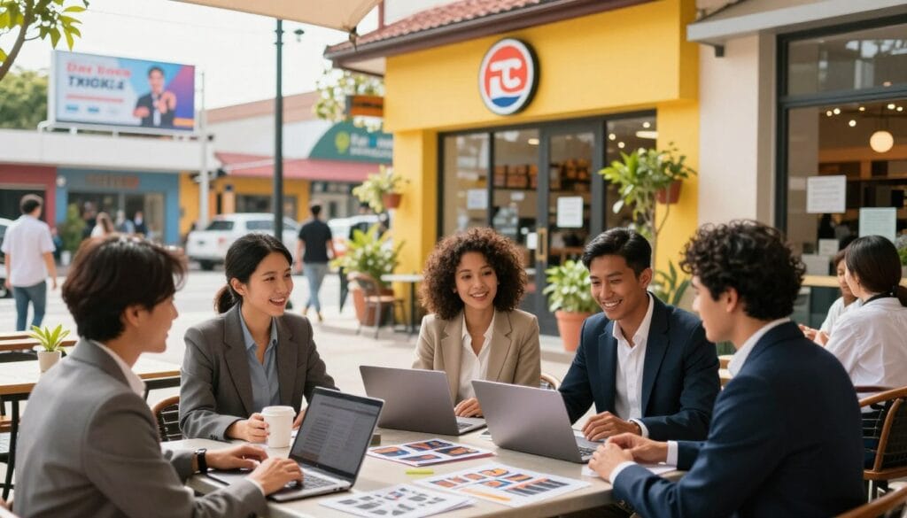 A vibrant, engaging image showcasing a local franchise business environment. In the foreground, a group of diverse professionals in business attire brainstorming around a cafe table with laptops and marketing materials spread out. In the middle, a colorful storefront with a welcoming sign featuring a franchise logo, adorned with potted plants and outdoor seating, capturing a warm, inviting atmosphere. In the background, a busy street scene with people walking, local advertisements displayed on billboards, and nearby shops, giving a sense of community engagement. The lighting is bright and cheerful, suggesting a sunny day, with soft-focus effects to emphasize the lively interactions among the team. The overall mood is optimistic and dynamic, reflecting success in local marketing endeavors. A vibrant, engaging image showcasing a local franchise business environment. In the foreground, a group of diverse professionals in business attire brainstorming around a cafe table with laptops and marketing materials spread out. In the middle, a colorful storefront with a welcoming sign featuring a franchise logo, adorned with potted plants and outdoor seating, capturing a warm, inviting atmosphere. In the background, a busy street scene with people walking, local advertisements displayed on billboards, and nearby shops, giving a sense of community engagement. The lighting is bright and cheerful, suggesting a sunny day, with soft-focus effects to emphasize the lively interactions among the team. The overall mood is optimistic and dynamic, reflecting success in local marketing endeavors.