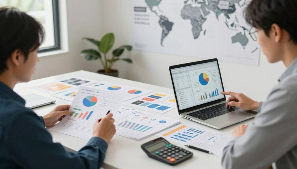 A visually appealing workspace showcasing pricing strategies for dropshipping products. In the foreground, a professional individual in business attire, focused and analytical, examines graphs and charts displayed on a laptop. In the middle, a large table is clustered with colorful product samples, price sheets, and a calculator, conveying a sense of meticulous planning. The background features a wall with a world map and motivational business quotes, emphasizing global reach. Soft, natural lighting spills in through a window, highlighting the organized chaos of the workspace, creating a productive atmosphere. The overall mood is innovative and dynamic, encouraging entrepreneurial spirit, suitable for a modern e-commerce setting. A visually appealing workspace showcasing pricing strategies for dropshipping products. In the foreground, a professional individual in business attire, focused and analytical, examines graphs and charts displayed on a laptop. In the middle, a large table is clustered with colorful product samples, price sheets, and a calculator, conveying a sense of meticulous planning. The background features a wall with a world map and motivational business quotes, emphasizing global reach. Soft, natural lighting spills in through a window, highlighting the organized chaos of the workspace, creating a productive atmosphere. The overall mood is innovative and dynamic, encouraging entrepreneurial spirit, suitable for a modern e-commerce setting.