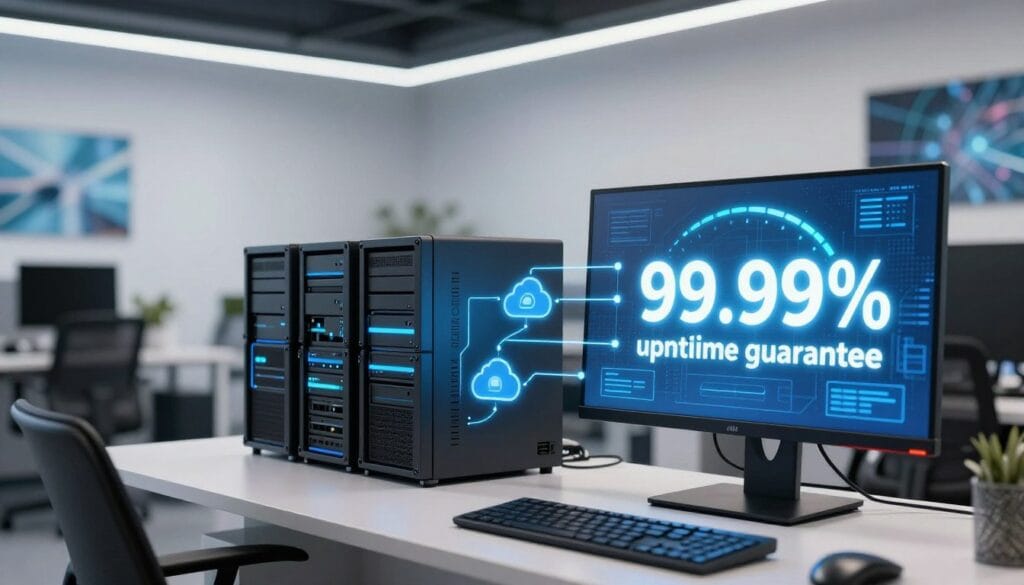 A visually compelling scene illustrating a "99.99% uptime guarantee" concept. In the foreground, a sleek digital monitor displays a vibrant, glowing uptime meter, indicating the high percentage in bold. In the middle, intertwining elements of servers, cloud icons, and connectivity lines symbolize robust technology and reliability. The background features a sleek office environment with soft, focused lighting, highlighting a modern workspace with abstract tech-themed art on the walls. Use a wide-angle lens perspective to capture the entire scene, creating depth and clarity. The mood is professional and reassuring, evoking trust and stability in web hosting services, suitable for a modern business setting. A visually compelling scene illustrating a "99.99% uptime guarantee" concept. In the foreground, a sleek digital monitor displays a vibrant, glowing uptime meter, indicating the high percentage in bold. In the middle, intertwining elements of servers, cloud icons, and connectivity lines symbolize robust technology and reliability. The background features a sleek office environment with soft, focused lighting, highlighting a modern workspace with abstract tech-themed art on the walls. Use a wide-angle lens perspective to capture the entire scene, creating depth and clarity. The mood is professional and reassuring, evoking trust and stability in web hosting services, suitable for a modern business setting.