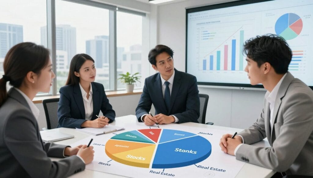 A visually engaging and informative representation of an asset allocation strategy for investment portfolios. In the foreground, depict a diverse group of three professionals in smart business attire, actively discussing strategies over a large, detailed pie chart illustrating various asset classes like stocks, bonds, real estate, and cash equivalents. In the middle ground, include a sleek, modern office setting with large windows revealing a city skyline during daylight, symbolizing growth and opportunity. The background should feature charts and graphs projected on a digital screen, promoting a tech-savvy atmosphere. Utilize bright, natural lighting to evoke a sense of optimism and professionalism, with a balanced composition that encourages a feeling of teamwork and strategic planning.
