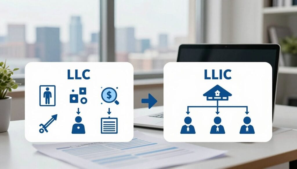 A visually engaging comparison illustration featuring the key features of an LLC and a Corporation. In the foreground, two distinct charts, one representing LLC with icons like flexibility and taxation benefits, and the other showing Corporation features with symbols of formal structure and limited liability. In the middle, a professional workspace setting with a modern desk, laptop, and documents, highlighting business strategy. In the background, a large window with a view of a city skyline, signifying growth and opportunity. Soft, natural lighting enhances clarity and enhances professionalism, using a shallow depth of field to keep the focus on the comparison charts. The mood is informative and professional, suitable for a business audience. A visually engaging comparison illustration featuring the key features of an LLC and a Corporation. In the foreground, two distinct charts, one representing LLC with icons like flexibility and taxation benefits, and the other showing Corporation features with symbols of formal structure and limited liability. In the middle, a professional workspace setting with a modern desk, laptop, and documents, highlighting business strategy. In the background, a large window with a view of a city skyline, signifying growth and opportunity. Soft, natural lighting enhances clarity and enhances professionalism, using a shallow depth of field to keep the focus on the comparison charts. The mood is informative and professional, suitable for a business audience.