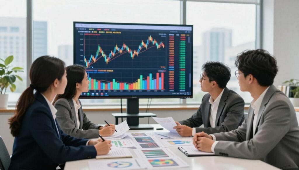A visually engaging depiction of evaluating bond prices and market conditions aimed at beginners. In the foreground, a diverse group of four individuals in professional attire—two women and two men—are gathered around a large, sleek conference table covered with financial charts and bond market analysis printed on high-quality paper. The middle ground features a large digital screen displaying fluctuating bond prices in vibrant colors, creating a sense of urgency and movement. In the background, a modern office skyline is visible through large windows, with natural light pouring in, creating an optimistic and focused atmosphere. The mood conveys a sense of learning and collaboration, with warm lighting highlighting the enthusiasm of the group as they discuss investment strategies.