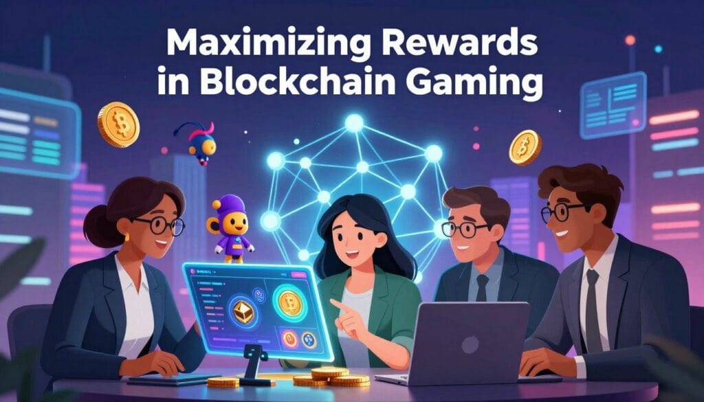 A visually engaging digital illustration depicting the theme of "Maximizing Rewards in Blockchain Gaming." In the foreground, a diverse group of three individuals in professional business attire, including a woman with glasses and a man with a laptop, collaboratively analyzing a colorful interface displaying virtual game assets and rewards, radiating enthusiasm. In the middle ground, stylized elements such as digital coins, game characters, and a blockchain network showcase the play-to-earn mechanism. The background features a vibrant, futuristic cityscape with neon lights and floating holograms, enhancing the high-tech atmosphere. Soft, dynamic lighting emphasizes the excitement and innovation of blockchain gaming. The composition creates a sense of teamwork and strategic thinking, reflecting tips for maximizing rewards effectively.