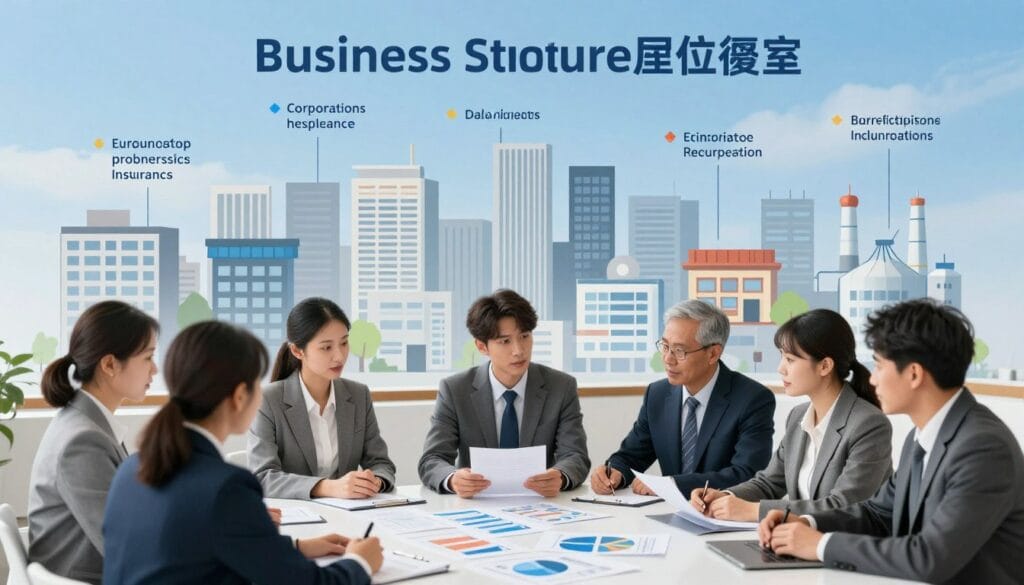 A visually engaging illustration showcasing the relationship between business structure and location in determining insurance needs. In the foreground, depict a diverse group of professionals in smart business attire, engaged in a discussion over a table filled with charts and documents related to various business types like corporations, small businesses, and sole proprietorships. The middle ground should feature a detailed cityscape with versatile business locations such as an office, retail shop, and industrial zone, highlighting different insurance aspects. In the background, a clear blue sky enhances the optimistic atmosphere. Use soft, diffused lighting to create a professional and inviting mood. The image should be well-composed, capturing the essence of how business dynamics influence insurance requirements.
