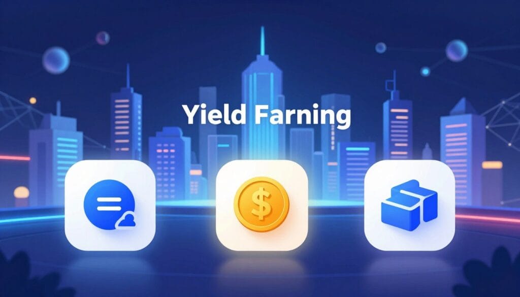 A visually engaging illustration showcasing various popular yield farming platforms, each symbolized by unique, recognizable icons or logos. In the foreground, display three distinct platforms, each represented by an abstract graphical element that highlights their unique features, such as high yields, stablecoins, and liquidity pools. The middle ground should feature a stylized, futuristic cityscape reflecting a thriving DeFi ecosystem, under softly glowing neon lights. In the background, create a subtle depiction of blockchain technology, with interconnected nodes and chains, enhancing the tech atmosphere. Use a wide-angle perspective to emphasize depth, and ensure the lighting is bright yet balanced, casting gentle shadows. The overall mood should convey innovation and excitement in the decentralized finance space.