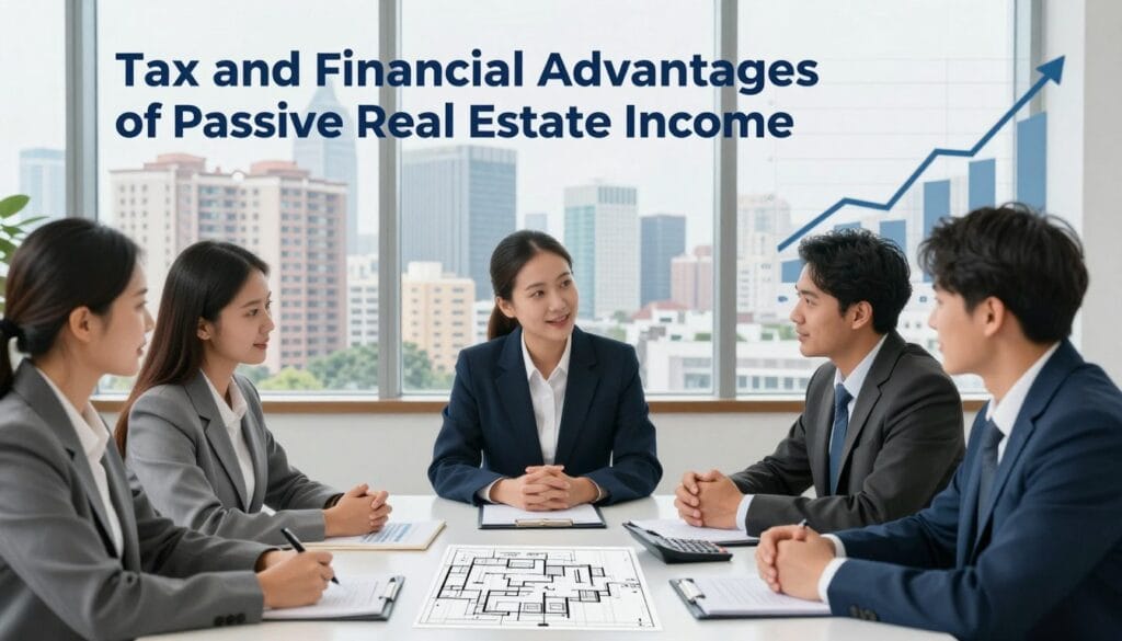 A visually engaging image depicting the concept of "Tax and Financial Advantages of Passive Real Estate Income." In the foreground, showcase a diverse group of professionals in sharp business attire, engaging in a discussion around a modern conference table filled with financial documents, property blueprints, and calculators. In the middle ground, place a large window showing a city skyline filled with residential buildings and towers, symbolizing real estate investments. The background should feature a financial graph on a screen, with upward trends highlighted to emphasize growth and advantages. Use soft, natural lighting to create an inviting atmosphere, with a slight focus using a 50mm lens effect to draw attention to the group’s expressions of optimism and engagement.