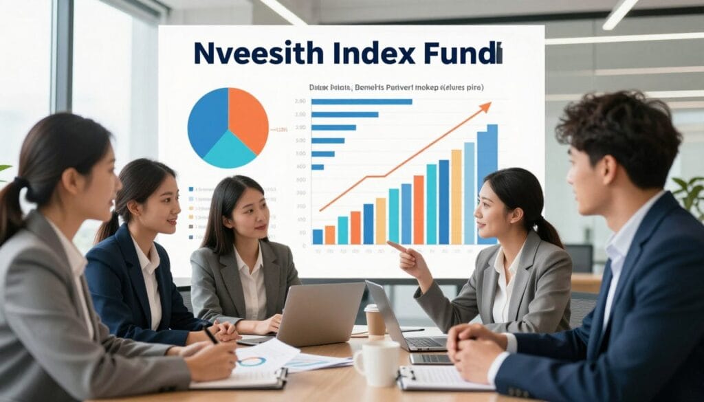 A visually engaging infographic illustrating the benefits of investing in index funds. In the foreground, include a diverse group of four professionals—two men and two women—dressed in smart business attire, discussing financial charts and graphs. In the middle, depict colorful pie charts and bar graphs showcasing growth rates, stability, and diversification benefits of index funds. The background should feature a modern office environment with large windows allowing soft, natural light to illuminate the scene, creating an uplifting and optimistic atmosphere. Use a wide-angle lens effect to capture the group dynamic and the financial data, emphasizing collaboration and knowledge sharing. The overall mood should be informative yet approachable, highlighting the accessibility and advantages of index fund investing. A visually engaging infographic illustrating the benefits of investing in index funds. In the foreground, include a diverse group of four professionals—two men and two women—dressed in smart business attire, discussing financial charts and graphs. In the middle, depict colorful pie charts and bar graphs showcasing growth rates, stability, and diversification benefits of index funds. The background should feature a modern office environment with large windows allowing soft, natural light to illuminate the scene, creating an uplifting and optimistic atmosphere. Use a wide-angle lens effect to capture the group dynamic and the financial data, emphasizing collaboration and knowledge sharing. The overall mood should be informative yet approachable, highlighting the accessibility and advantages of index fund investing.