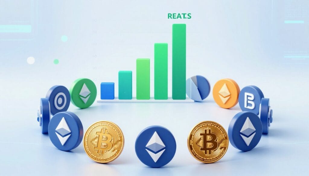A visually engaging infographic illustrating various cryptocurrencies and their current reward rates. In the foreground, display bold icons of popular cryptocurrencies like Bitcoin, Ethereum, and others, arranged in a dynamic circular layout. In the middle, integrate bar graphs or pie charts representing the varying reward rates, using vibrant colors to differentiate each currency clearly. The background should feature a subtle abstract design with digital motifs, hinting at finance and technology, infused with a cool color palette of blues and greens to evoke a sense of trust and innovation. Soft, diffused lighting should highlight the details, creating a professional atmosphere suited for a financial article. A visually engaging infographic illustrating various cryptocurrencies and their current reward rates. In the foreground, display bold icons of popular cryptocurrencies like Bitcoin, Ethereum, and others, arranged in a dynamic circular layout. In the middle, integrate bar graphs or pie charts representing the varying reward rates, using vibrant colors to differentiate each currency clearly. The background should feature a subtle abstract design with digital motifs, hinting at finance and technology, infused with a cool color palette of blues and greens to evoke a sense of trust and innovation. Soft, diffused lighting should highlight the details, creating a professional atmosphere suited for a financial article.