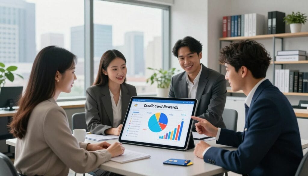 A visually engaging overview of credit card rewards, set in a modern finance office with sleek, stylish furniture. In the foreground, a diverse group of three professionals—two women and one man—dressed in smart business attire, are discussing a large digital tablet displaying colorful graphics of points and cash back, showcasing a pie chart and bar graph. The middle ground features a large window with a city skyline view, bringing in natural light that highlights the excitement of financial growth. In the background, shelves with neatly organized financial books and plants create a fresh, professional atmosphere. The overall mood is energetic and optimistic, reflecting the importance of mastering credit card rewards in contemporary finance.