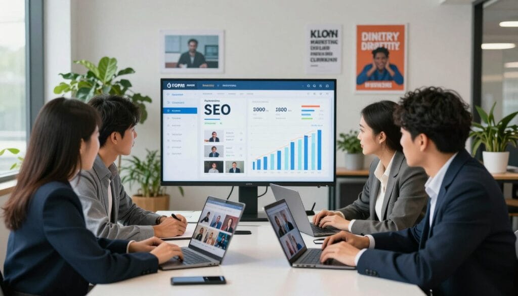 A visually engaging scene illustrating a video marketing strategy for e-commerce growth. In the foreground, a diverse group of three professionals in business attire is gathered around a modern table, collaborating on digital marketing strategies using laptops and tablets displaying dynamic video thumbnails. The middle layer features a large screen displaying an analysis dashboard with SEO metrics and video performance graphs. The background showcases a well-lit, contemporary office environment with motivational posters about digital marketing success and lush plants enhancing the atmosphere. Soft, natural lighting filters through large windows, casting a productive and creative ambiance, while a wide-angle perspective captures the collaborative spirit of the team. A visually engaging scene illustrating a video marketing strategy for e-commerce growth. In the foreground, a diverse group of three professionals in business attire is gathered around a modern table, collaborating on digital marketing strategies using laptops and tablets displaying dynamic video thumbnails. The middle layer features a large screen displaying an analysis dashboard with SEO metrics and video performance graphs. The background showcases a well-lit, contemporary office environment with motivational posters about digital marketing success and lush plants enhancing the atmosphere. Soft, natural lighting filters through large windows, casting a productive and creative ambiance, while a wide-angle perspective captures the collaborative spirit of the team.