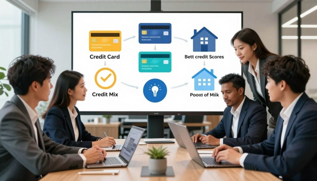 A visually engaging scene that represents diverse credit mix strategies for long-term financial success. In the foreground, a diverse group of four professionals dressed in smart business attire is gathered around a modern conference table, discussing various types of credit options displayed on digital devices. The middle layer features infographics illustrating credit cards, loans, and mortgages, with vibrant colors and clear visuals symbolizing a diverse credit portfolio. In the background, a sleek office environment with large windows letting in natural light enhances the atmosphere of collaboration and productivity. The overall mood is optimistic and focused, with warm lighting emphasizing the professionals' expressions as they strategize for improvement. The image captures the essence of leveraging a mix of credit types for better credit scores.