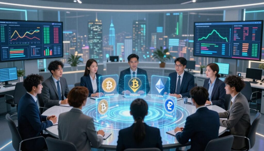 A visually striking and educational image depicting various types of cryptocurrencies. In the foreground, a diverse group of people, dressed in professional business attire, are engaged in discussion around a large, interactive holographic display showcasing different cryptocurrency logos and their respective names, such as Bitcoin, Ethereum, and Litecoin. The middle ground features a sleek, modern office environment with digital screens displaying real-time cryptocurrency market trends and infographics. In the background, a subtle cityscape with a futuristic skyline illuminated in soft blue and green lighting, conveying innovation and technology. The overall atmosphere is vibrant and informative, emphasizing collaboration and learning in the cryptocurrency space, captured with a wide-angle lens to create depth.