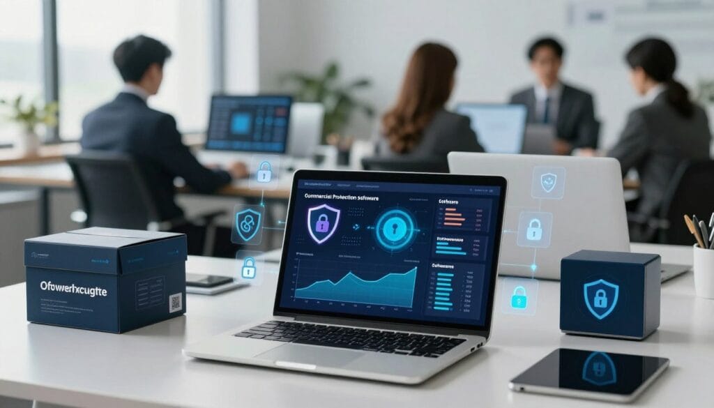 A visually striking digital illustration showcasing the highlights of top commercial malware protection software in a professional setting. In the foreground, a sleek laptop screen displays vibrant, dynamic graphs and statistics emphasizing software performance, surrounded by various digital security icons such as shields and locks. The middle ground features a well-organized workspace with a few open security software boxes and devices, conveying a sense of modern technology. In the background, a contemporary office with a subtle, soft-focus shows blurred silhouettes of professionals in business attire engaging with technology, reflecting trust and expertise. Soft natural lighting from a nearby window enhances the professional atmosphere and clarity of the scene, creating a mood of confidence and innovation. A visually striking digital illustration showcasing the highlights of top commercial malware protection software in a professional setting. In the foreground, a sleek laptop screen displays vibrant, dynamic graphs and statistics emphasizing software performance, surrounded by various digital security icons such as shields and locks. The middle ground features a well-organized workspace with a few open security software boxes and devices, conveying a sense of modern technology. In the background, a contemporary office with a subtle, soft-focus shows blurred silhouettes of professionals in business attire engaging with technology, reflecting trust and expertise. Soft natural lighting from a nearby window enhances the professional atmosphere and clarity of the scene, creating a mood of confidence and innovation.
